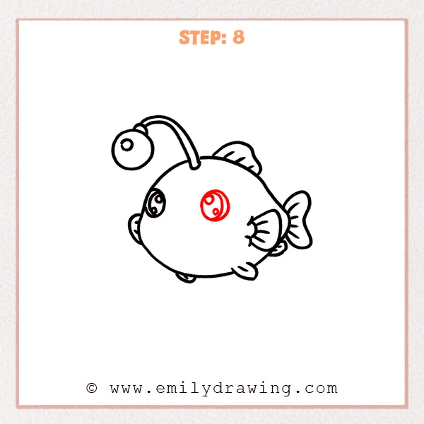how to draw an angler fish - Step 8: A second matching eye is added, giving the angler fish a friendly look.
